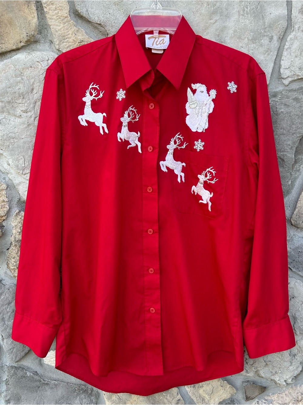 Vintage Embroidered Christmas Shirt Size S Red Button Up Holiday Santa Reindeer